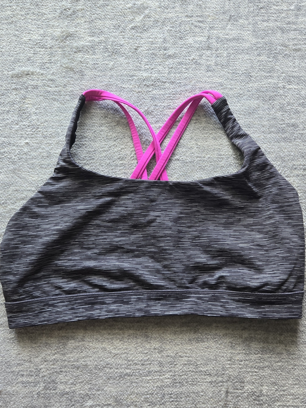lululemon athletica Gray Striped Energy Bra with Pink Crisscross Straps, Size 12